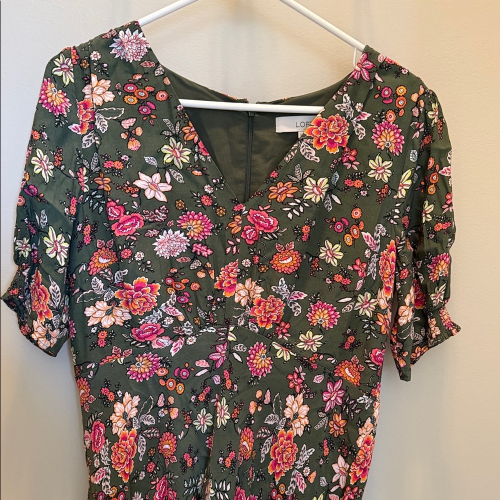 LOFT Green Dress with Pink and Orange Floral Pattern